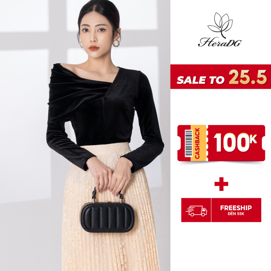 Áo nhung cổ tim phủ vai lệch HeraDG WAKBB3016