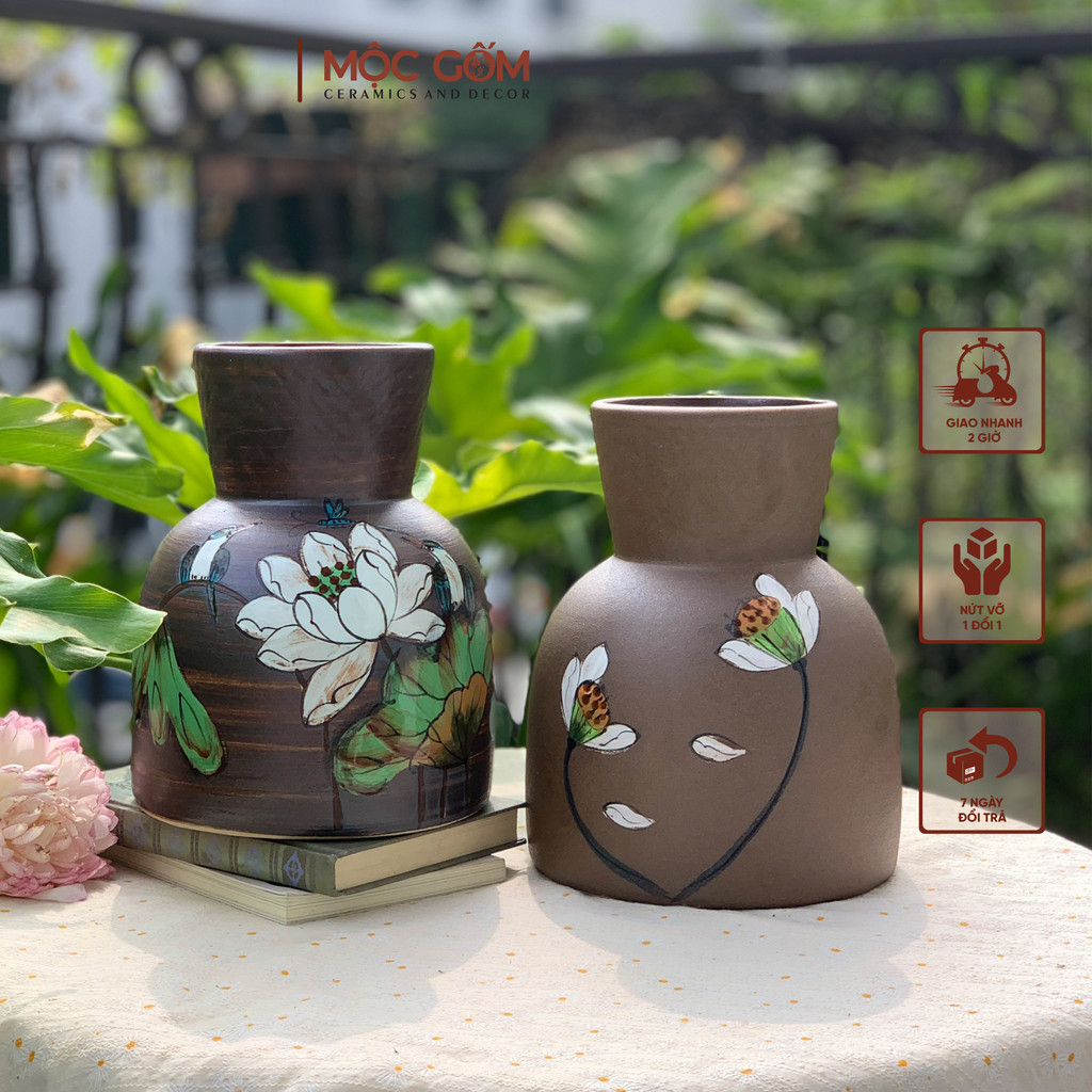 Bình hoa dáng đầm búp bê vẽ tay thủ công cao 22cm, dễ dàng cắm mọi loại hoa | Mộc Gốm MG179