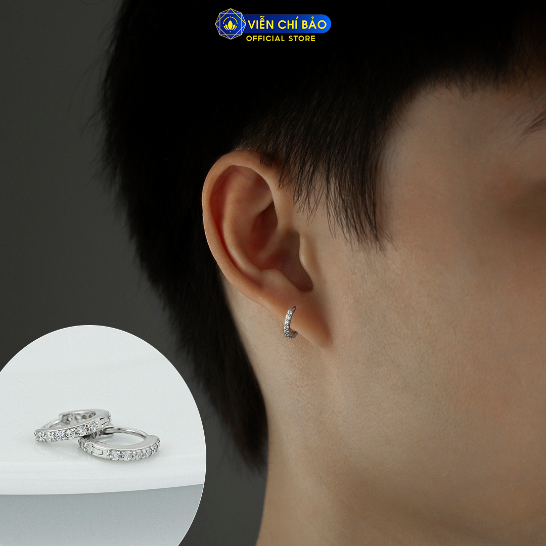 Bông tai bạc nam tròn đính đá (1 chiếc) chất liệu bạc 925 thời trang phụ kiện trang sức Viễn Chí Bảo B400072-1C