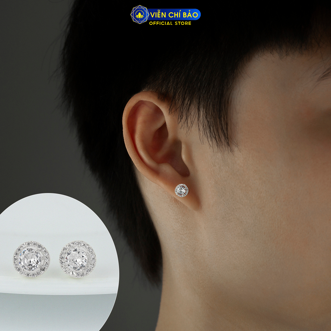 Bông tai bạc nam tròn đính đá (1 chiếc ) chất liệu bạc 925 thời trang phụ kiện trang sức Viễn Chí Bảo B400258x