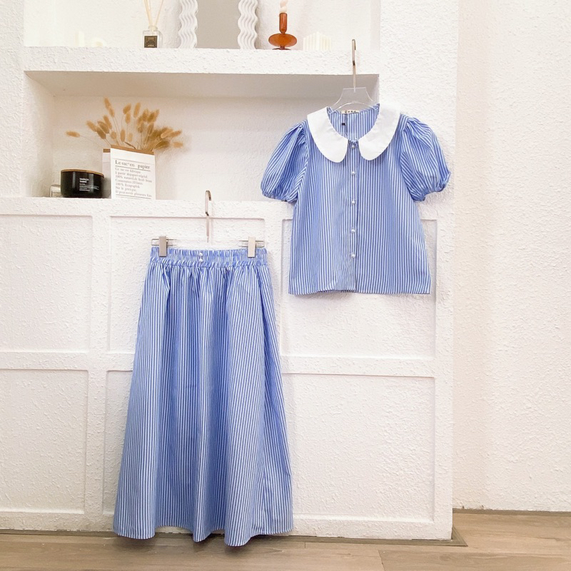 Set kẻ xanh cổ phối trắng ( ảnh thật + video)