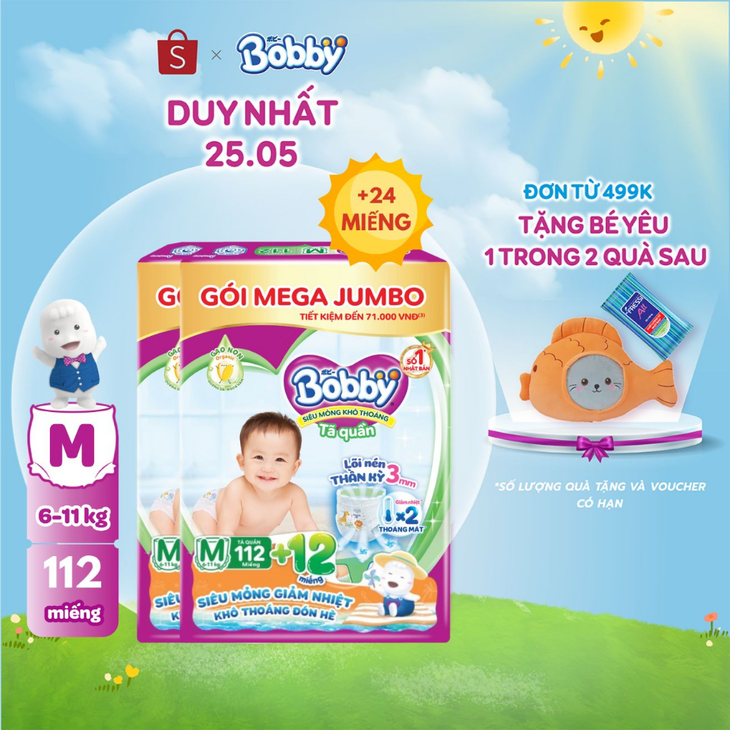 Combo 02 gói Tã quần Bobby 3mm Gạo non Giảm nhiệt Mega Jumbo M112+12/L96+12/XL84+12/XXL76+12