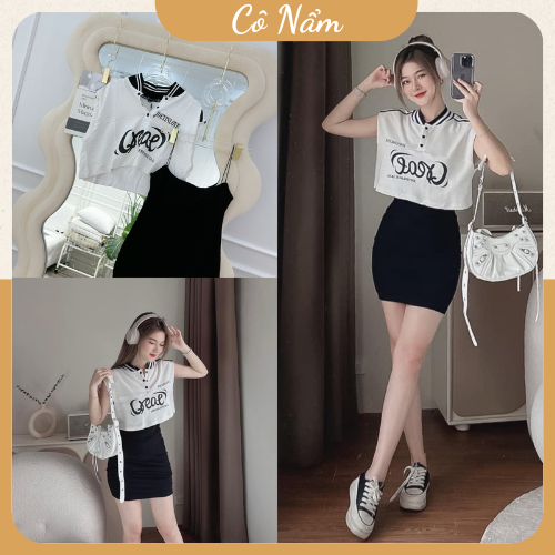 Set Váy Body 2 Dây Màu Đen Mix Áo Thun Trắng Tay Hến Cổ Bo Viền Cúc Bấm Freesize