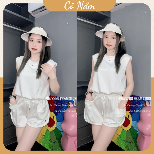 Set Bộ Đồ Nữ Áo Balo Sát Nách Màu Trắng Mix Quần Sooc Đùi Vạt Lượn Có Túi Trước Freesize