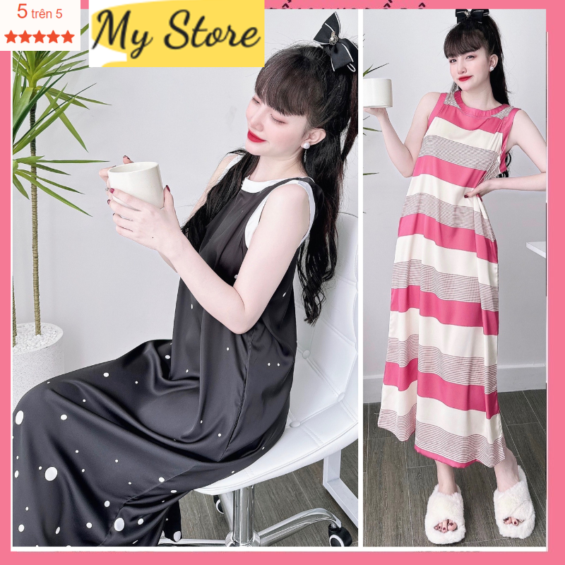 Đầm ngủ nữ dễ thương vải lụa latin siêu mềm-mịn-mát, Freesize dưới 62kg - MY STORE