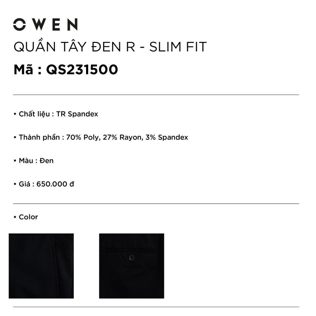Quần âu tây nam công sở cao cấp OWEN QS231500 dáng slim fit ống ôm màu đen vải polyester mềm mát