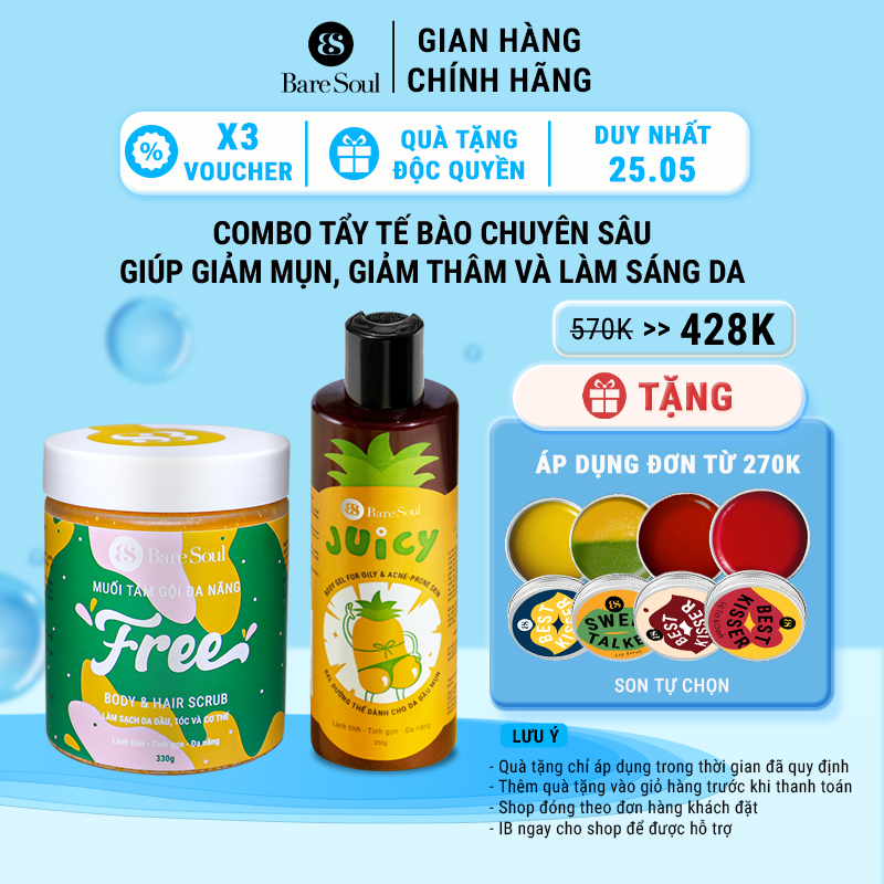 Combo chuyên sâu tẩy tế bào chết, giảm mụn, viêm lỗ chân lông, mờ thâm và làm sáng da BareSoul Juicy 250g + FREE 250g