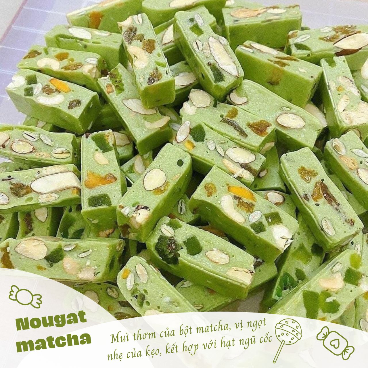 Kẹo Nougat healthy vị Matcha - Kẹo Hạnh Phúc - Siêu hạt, ít ngọt, thơm ngon