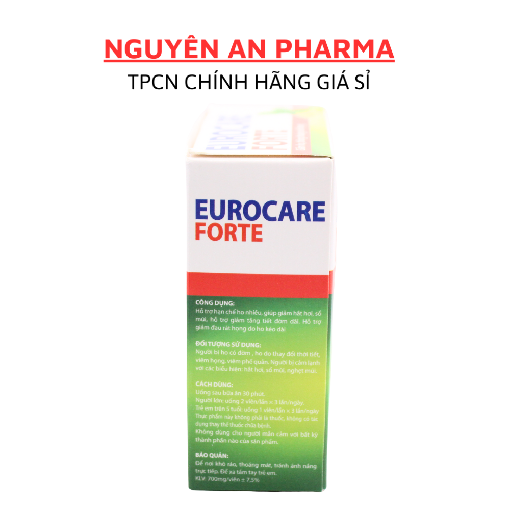Viên uống giảm ho EUROCARE FORTE, viên ho dầu thảo dược giảm đau rát họng, thông mũi họng - Hộp 100 Viên