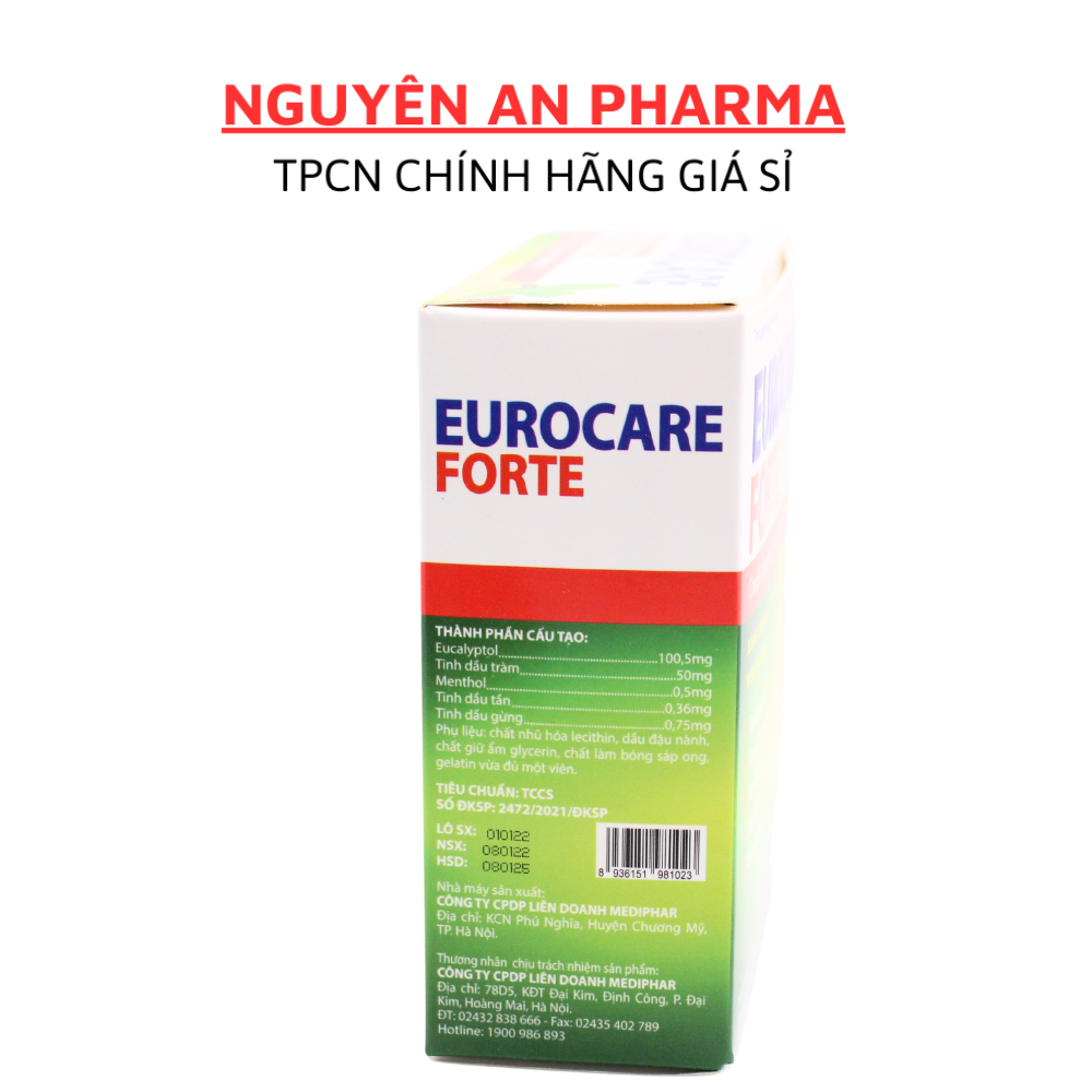 Viên uống giảm ho EUROCARE FORTE, viên ho dầu thảo dược giảm đau rát họng, thông mũi họng - Hộp 100 Viên