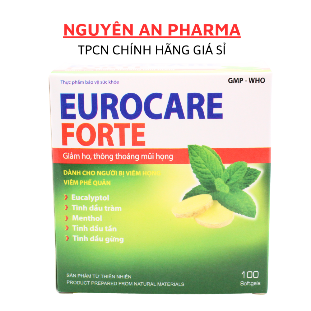 Viên uống giảm ho EUROCARE FORTE, viên ho dầu thảo dược giảm đau rát họng, thông mũi họng - Hộp 100 Viên