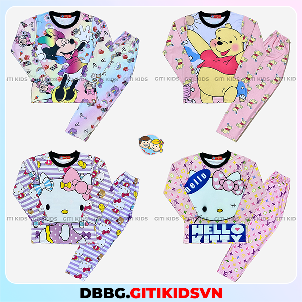 Đồ Bộ Bé Gái Mặc Nhà Tay Dài Mickey - Gấu Pooh - Kitty Tím - Kitty Hồng (17kg - 42kg)