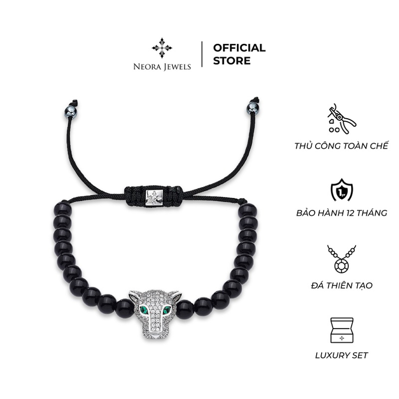 Vòng đá Jetblack 6mm + Panther mắt xanh by Neora Jewels