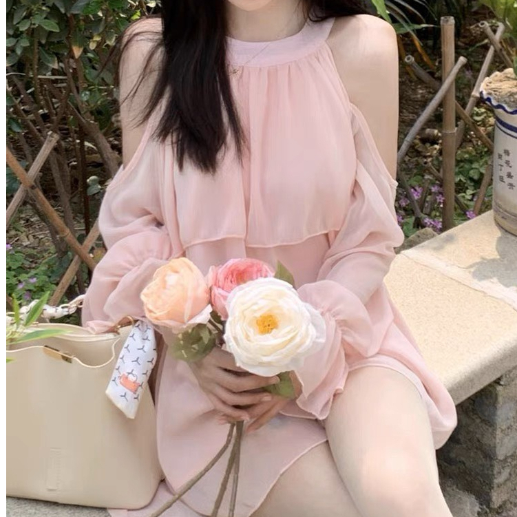 Váy đi biển trễ vai phối nhún kẻ điệu đà, Đầm cổ yếm 2 tầng tiểu thư dễ thương dáng babydoll kiểu hàn form basic