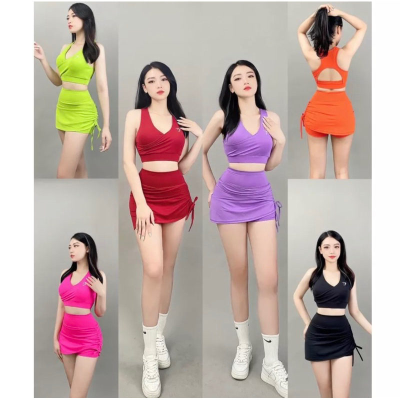 Bộ đồ thể thao nữ tập gym yoga áo bra vạt chéo cổ tim mềm mát chân váy 2 lớp