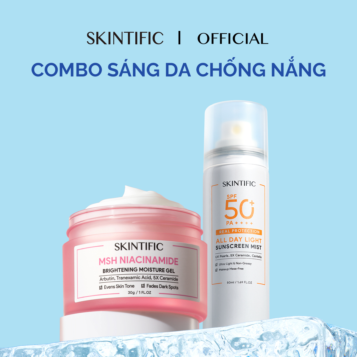 Combo SKINTIFIC gồm Gel dưỡng ẩm sáng da 5% MSH Niacinamide 30g + Xịt chống nắng SPF50 PA++++ 50ml