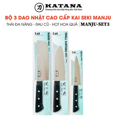 Bộ mới 3 dao nhà bếp Nhật cao cấp KAI India Seki Manju - Petty, Santoku và Nakiri dùng cho gia đình