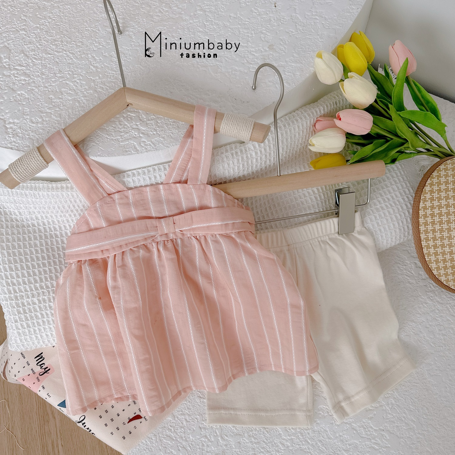 Bộ Babydoll 2 dây nơ ngực cho bé gái, set đồ mặc hè chất liệu 100% cotton thoáng khí mát mẻ Miniumbaby-SB1530