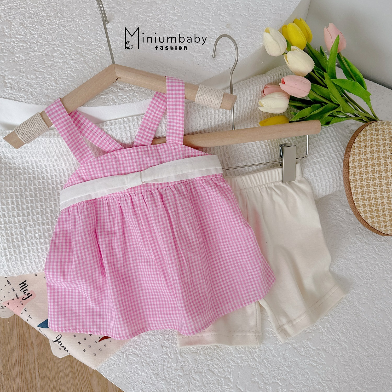 Bộ Babydoll 2 dây nơ ngực cho bé gái, set đồ mặc hè chất liệu 100% cotton thoáng khí mát mẻ Miniumbaby-SB1530