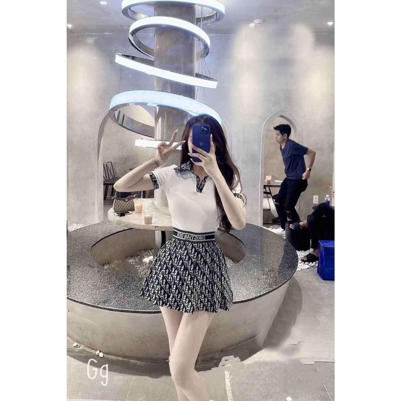 set áo cổ bẻ mix chân váy xòe hiệu sang chảnh