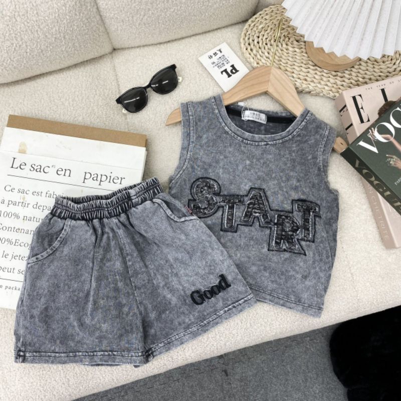 Bộ  cotton jean loang sát nách xịn đẹp chất chơi bé trai