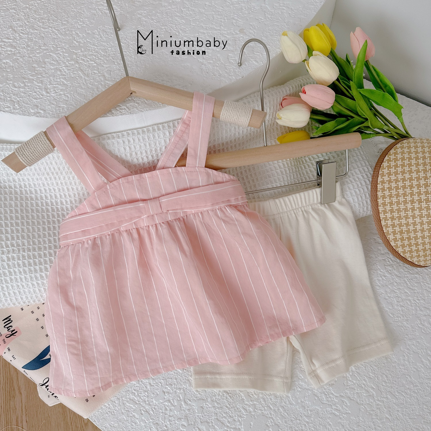 Bộ Babydoll 2 dây nơ ngực cho bé gái, set đồ mặc hè chất liệu 100% cotton thoáng khí mát mẻ Miniumbaby-SB1530