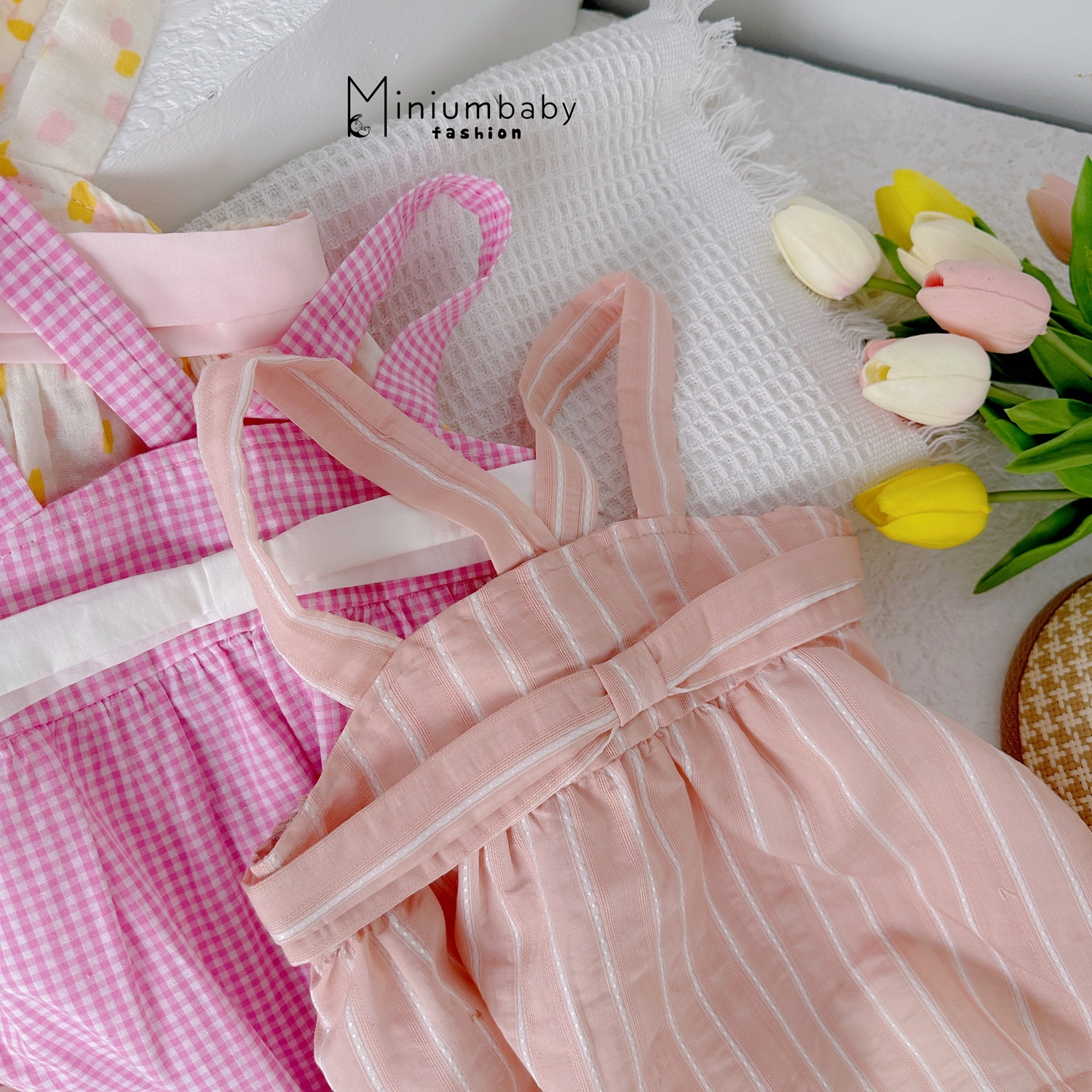 Bộ Babydoll 2 dây nơ ngực cho bé gái, set đồ mặc hè chất liệu 100% cotton thoáng khí mát mẻ Miniumbaby-SB1530