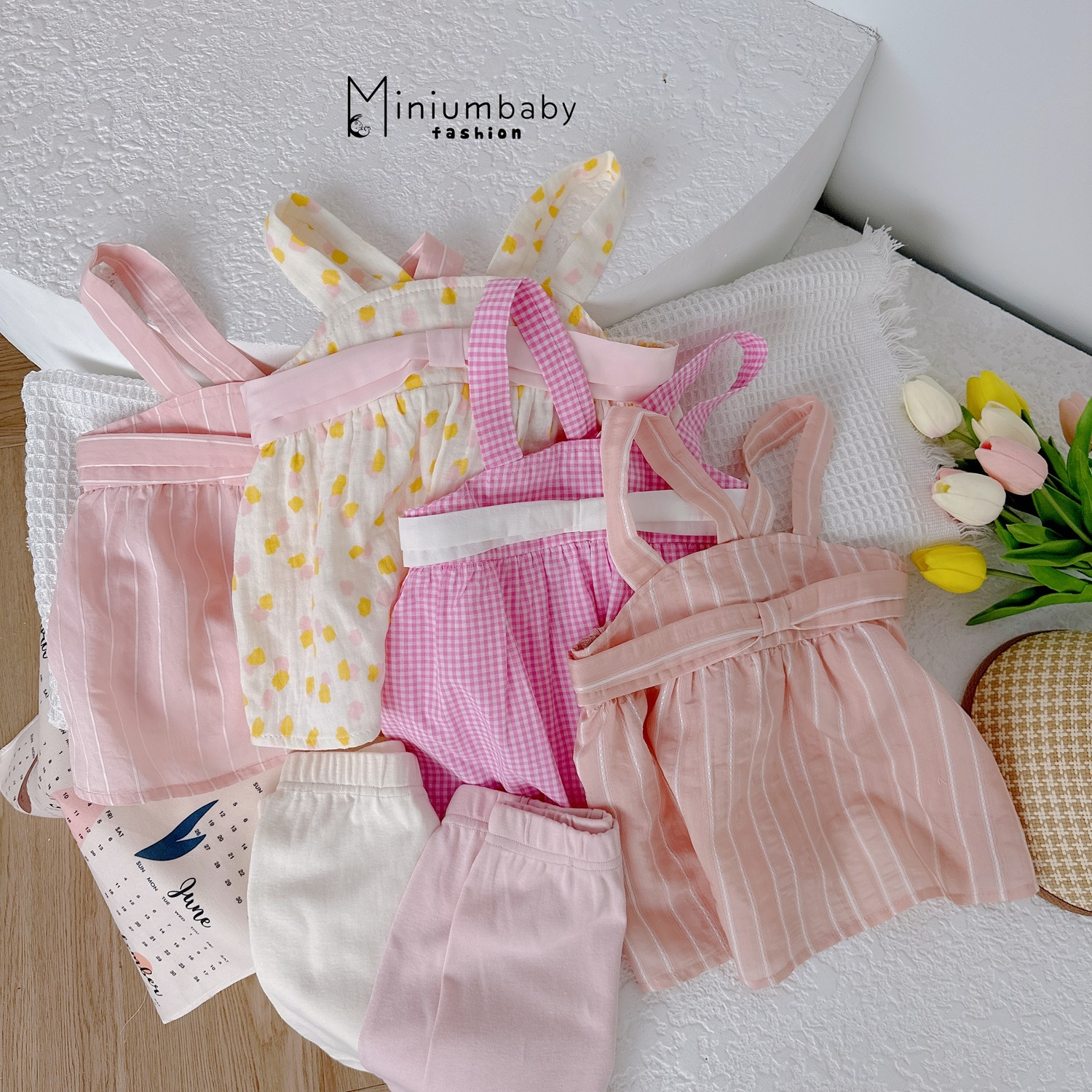 Bộ Babydoll 2 dây nơ ngực cho bé gái, set đồ mặc hè chất liệu 100% cotton thoáng khí mát mẻ Miniumbaby-SB1530