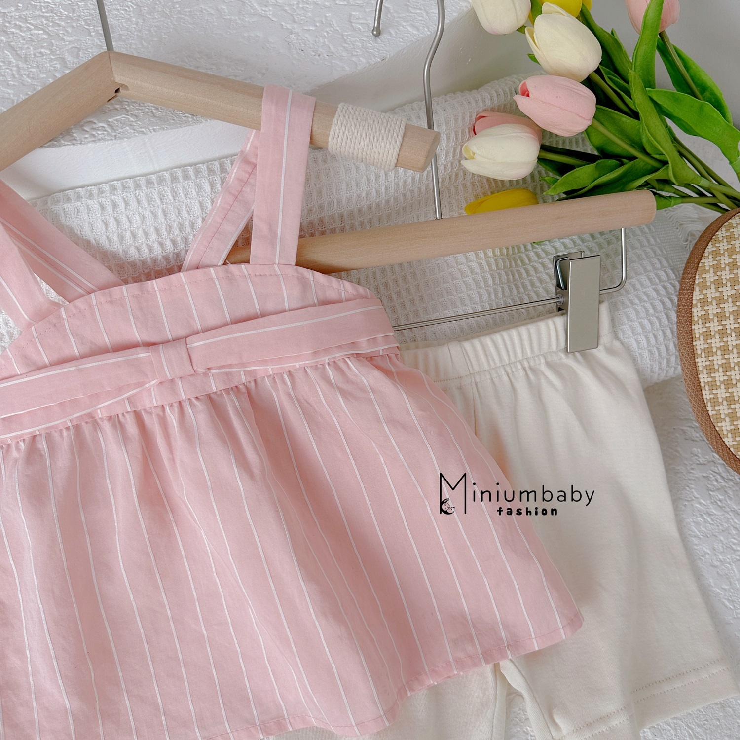 Bộ Babydoll 2 dây nơ ngực cho bé gái, set đồ mặc hè chất liệu 100% cotton thoáng khí mát mẻ Miniumbaby-SB1530