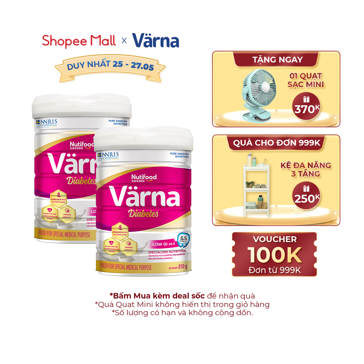 Combo 2 Lon sữa bột Värna Diabetes - Chỉ số đường huyết thấp nhất (GI = 26,9) (Lon 850g)