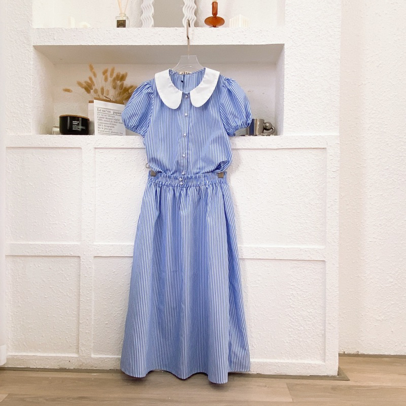 Set kẻ xanh cổ phối trắng ( ảnh thật + video)