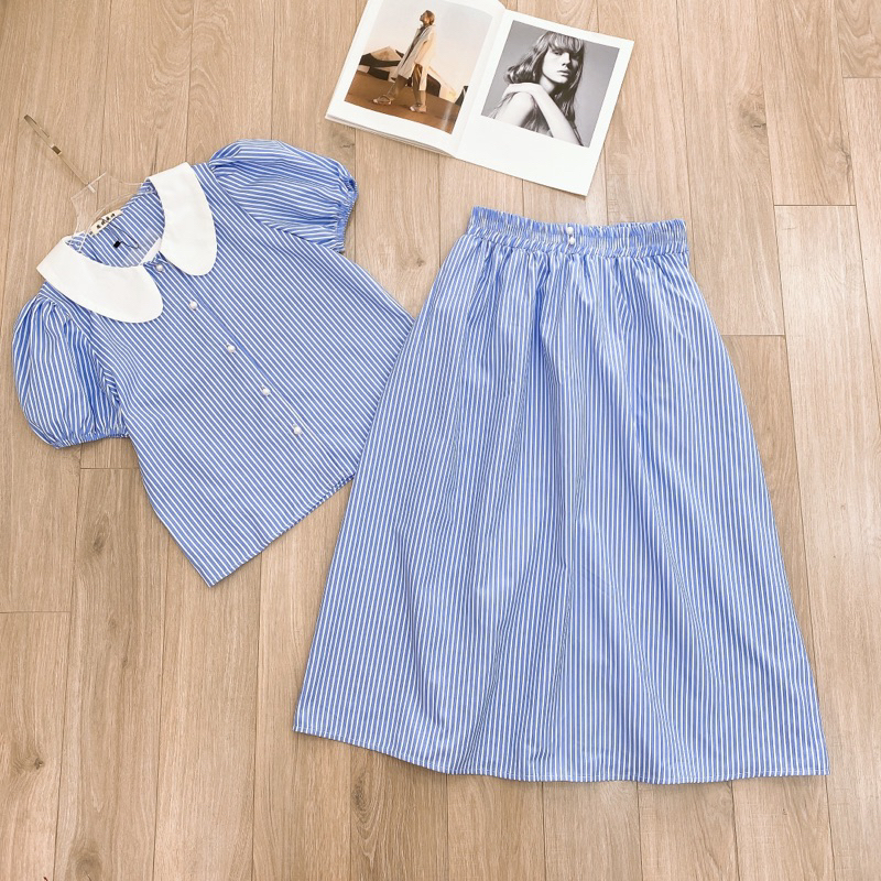 Set kẻ xanh cổ phối trắng ( ảnh thật + video)