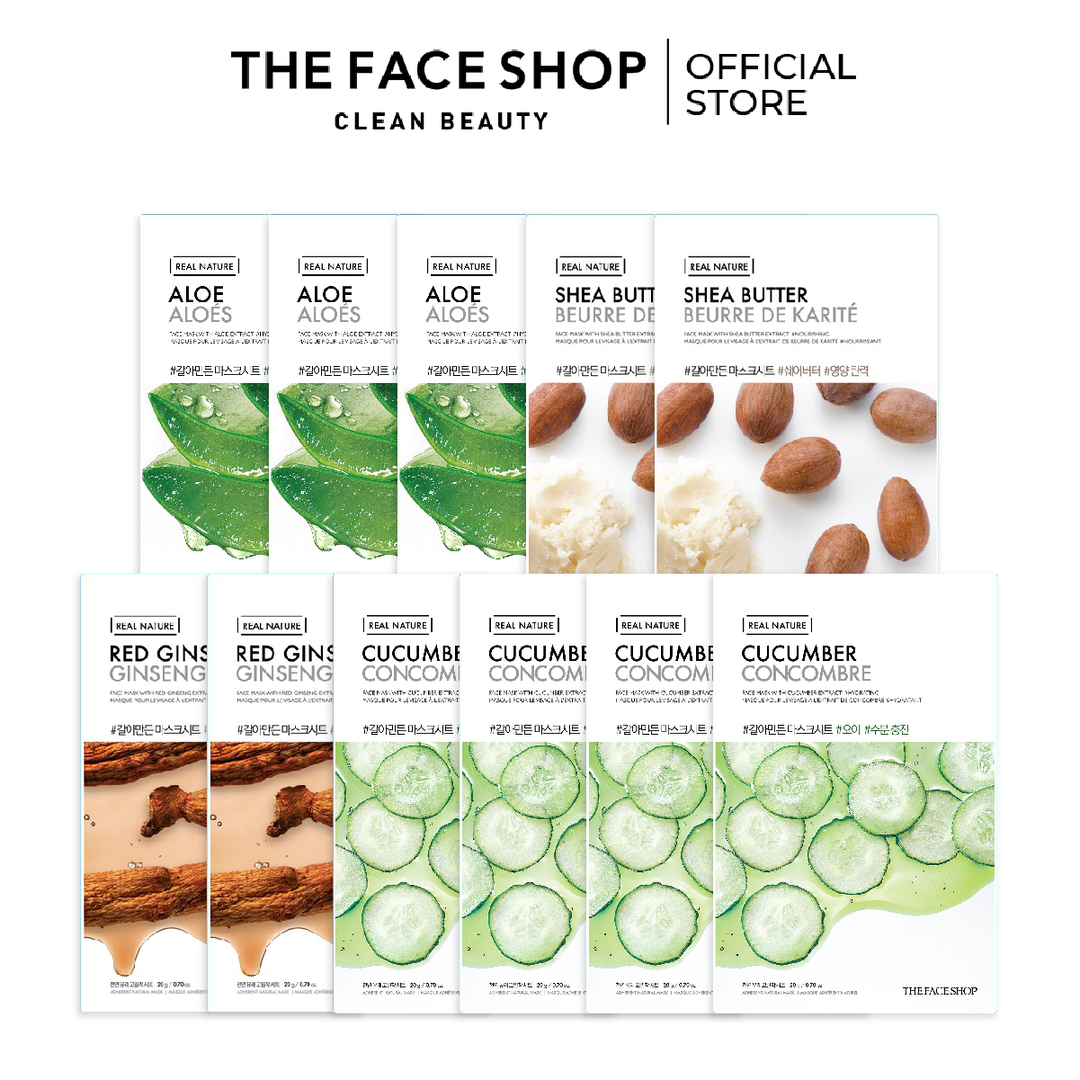 Combo 11 Mặt Nạ Real Nature Dưỡng Da THE FACE SHOP 20g (hồng sâm,dưa leo,nha đam,bơ hạt)