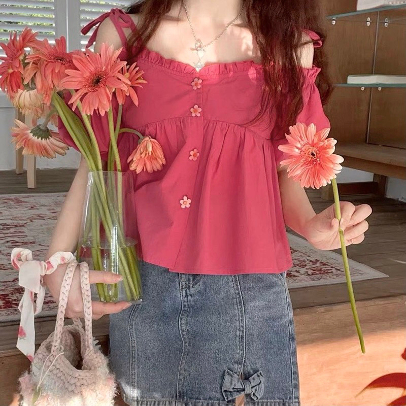 Áo Baby Doll Trễ Vai, Tay Bồng Thắt Nơ Cài Cúc Hoa Xinh Xắn