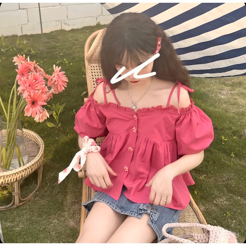 Áo Baby Doll Trễ Vai, Tay Bồng Thắt Nơ Cài Cúc Hoa Xinh Xắn