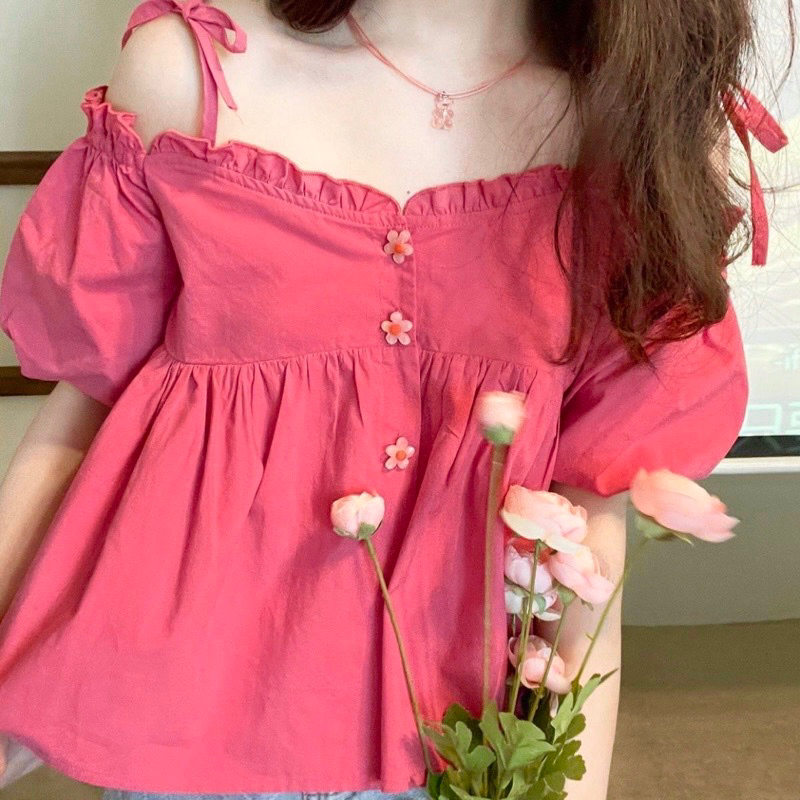 Áo Baby Doll Trễ Vai, Tay Bồng Thắt Nơ Cài Cúc Hoa Xinh Xắn