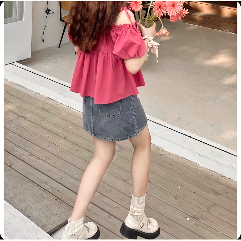 Áo Baby Doll Trễ Vai, Tay Bồng Thắt Nơ Cài Cúc Hoa Xinh Xắn