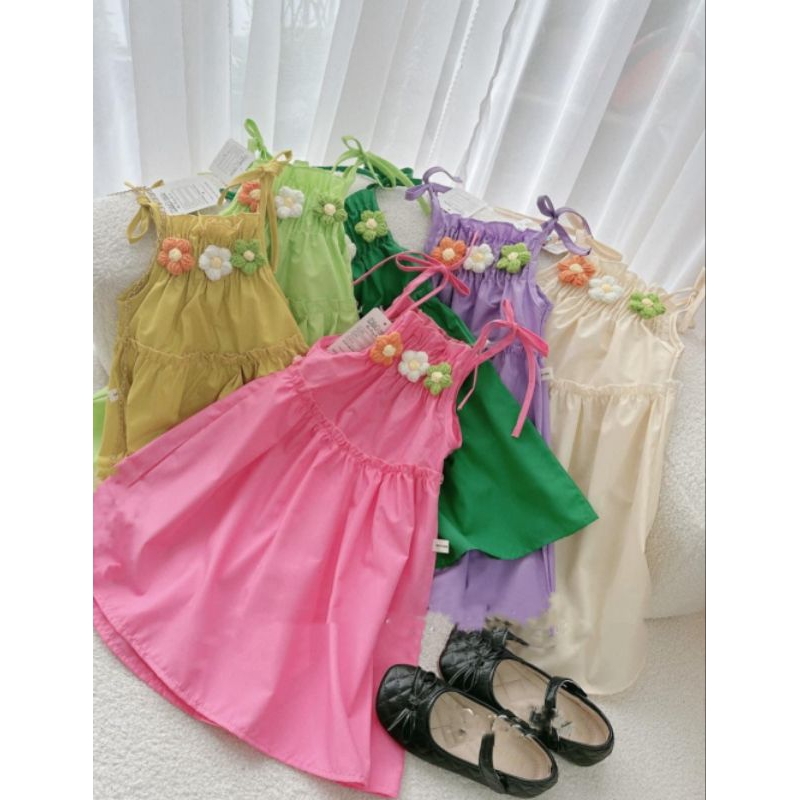 Váy 2 dây đính hoa nhún thân xinh xắn bé gái
