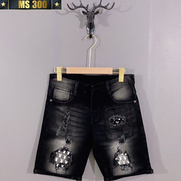 Quần short jean nam đen rách họa tiết con thỏ - chất vải denim dày dặn co giãn thoải mái - TUẤN KIỆT Store 8888 F01