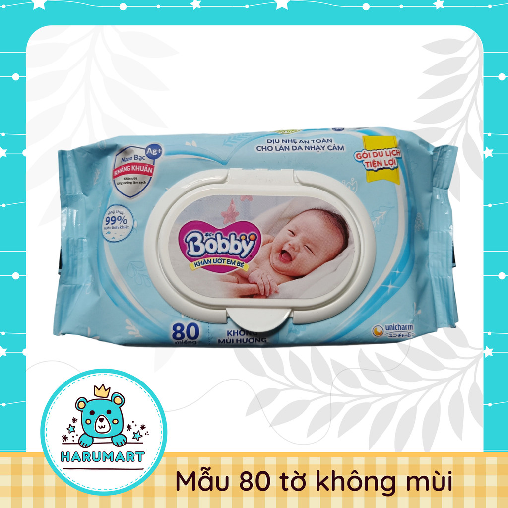 Khăn ướt Bobby 80 tờ/100 tờ không mùi/có mùi hương