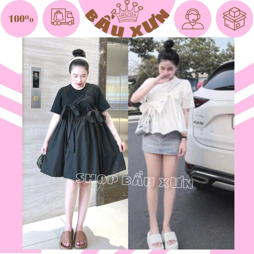 VÁY BẦU BABYDOL BUỘC NƠ TIỂU THƯ XINH XẮN- ĐẦM BẦU MÙA HÈ CHÂT COTTON PHA THÔ ĐIỆU ĐÀ