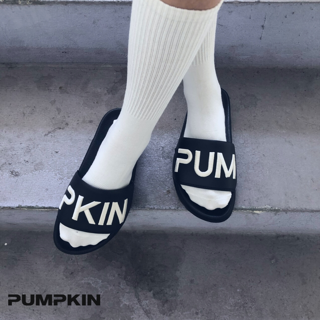 Dép quai ngang da nam nữ PUMPKIN thêu chữ PUM -  PKIN form vừa đế độn unisex phong cách Local Brand