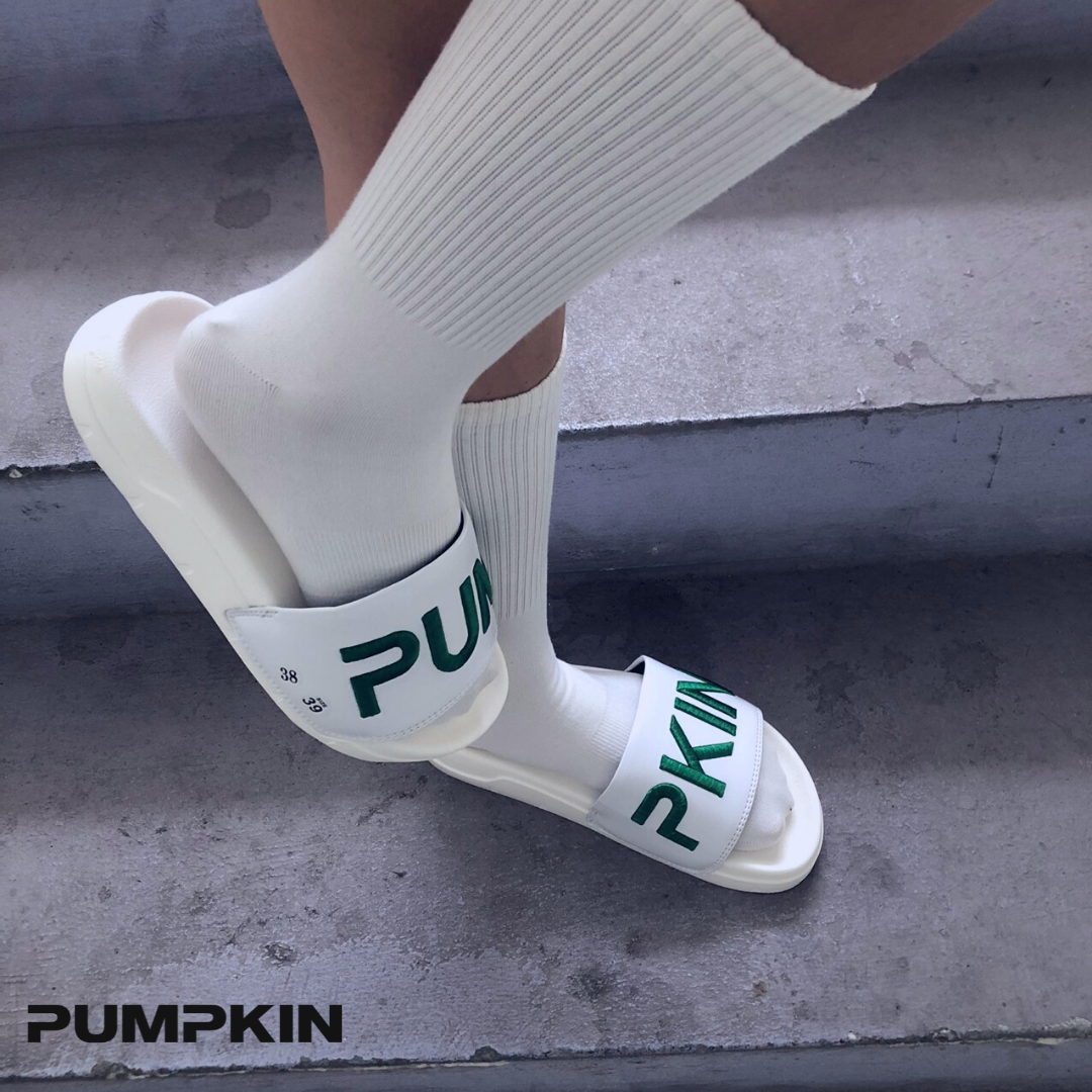 Dép quai ngang da nam nữ PUMPKIN thêu chữ PUM -  PKIN form vừa đế độn unisex phong cách Local Brand