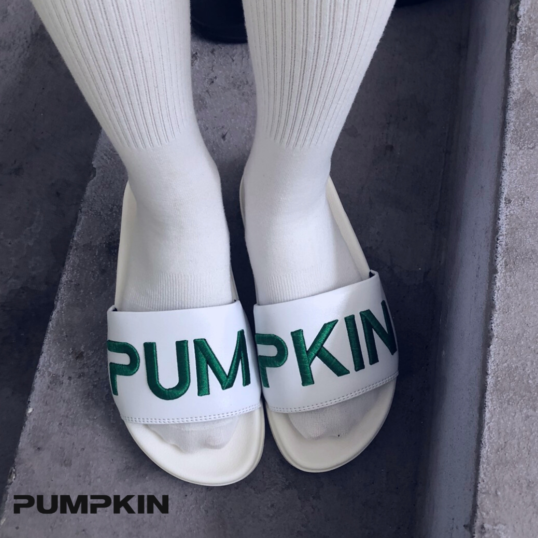 Dép quai ngang da nam nữ PUMPKIN thêu chữ PUM -  PKIN form vừa đế độn unisex phong cách Local Brand