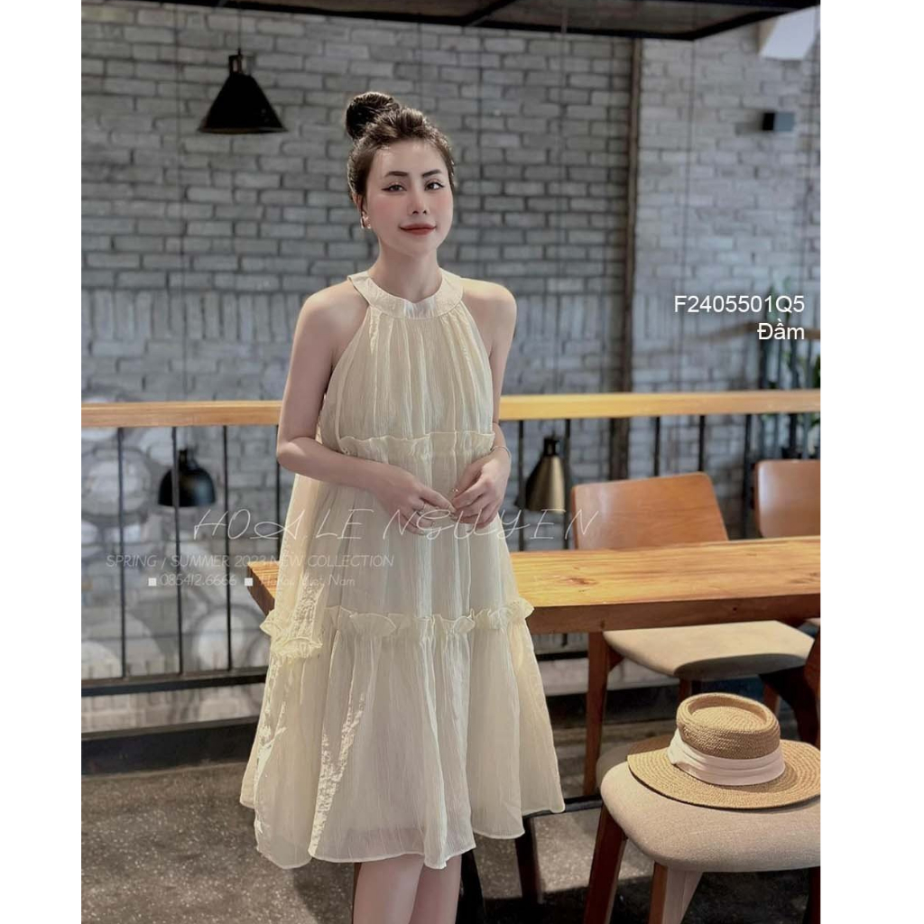 Đầm kiểu tơ cổ yếm hai lớp dáng suông tà phối viền bèo!