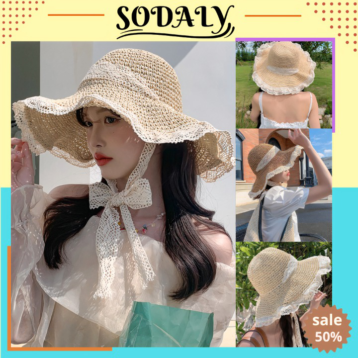 Mũ cói viền ren SODALY vành rộng thắt nơ phong cách hàn quốc siêu xinh