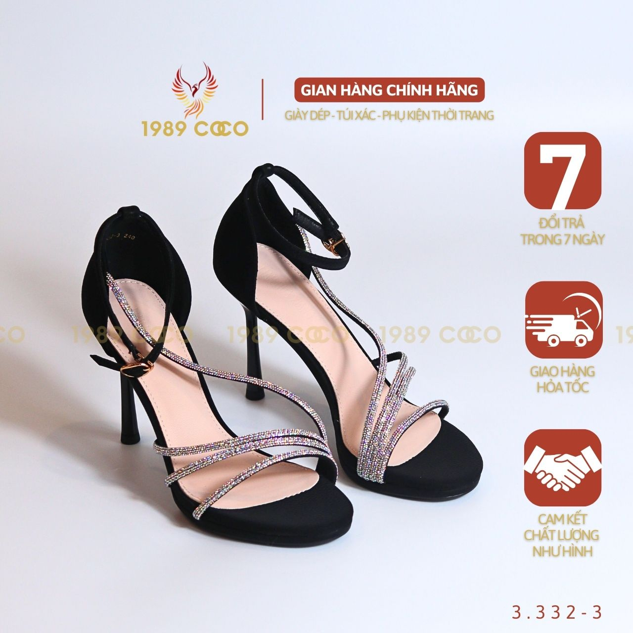 Guốc cao gót Sandal nữ 1989 COCO, đen lì đính đá sang trọng cao cấp 332-3
