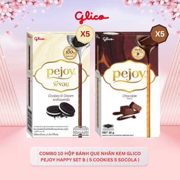 Combo 10 hộp Bánh que nhân kem Glico Pejoy Happy Set B mix vị (5 Socola - 5 Cookies & Cream)