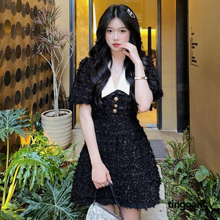 Váy tweed kẻ ô lông kim tuyến đen liền cổ V đính cúc kinh loại tingoan sài gòn ASK ME OUT ON A DATE DRESS