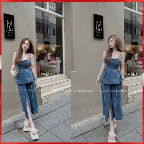 Set jean nữ áo 2 dây + chân váy chữ A xẻ tà hàng quảng châu